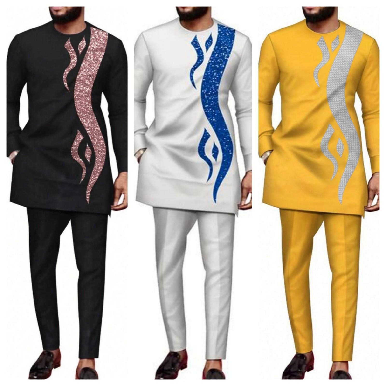 Men'S Formal Ethnic Wear - 남성용 긴팔 자수 셔츠와 바지 정장,