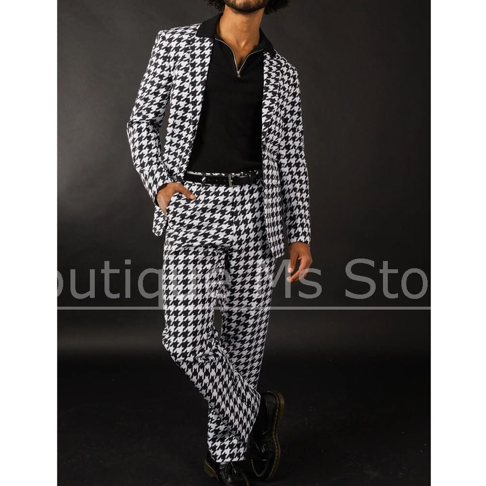 Men Formal Wear Black And White - 블랙 화이트 하운드투스 남성 정장 슬림핏