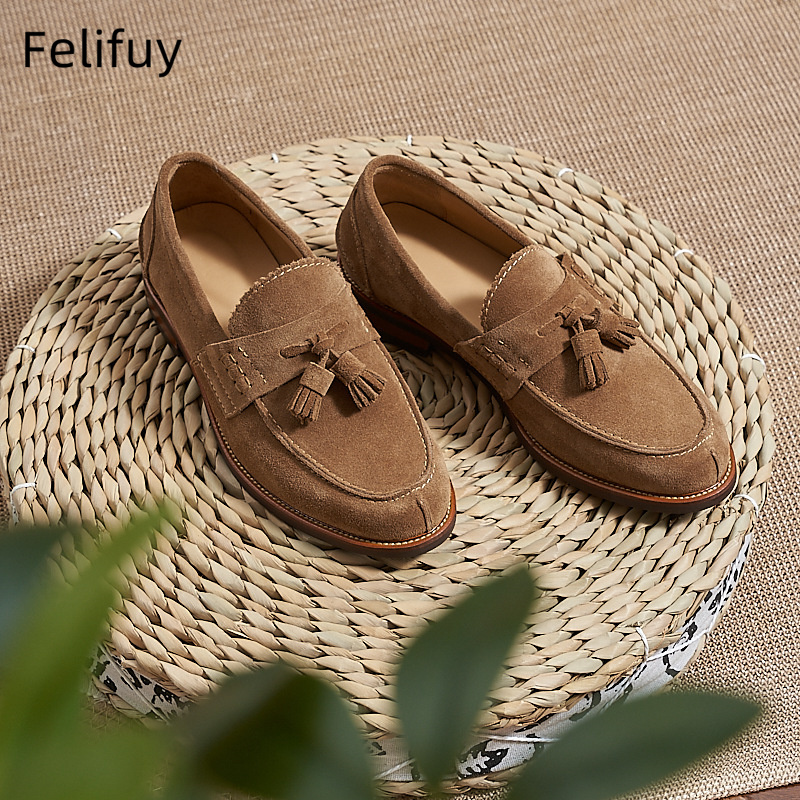 새로운 브라운 남성 플랫 로퍼 소가죽 스웨이드 태슬 캐 - Men'S Formal Party Wear Shoes 리뷰 및 가격