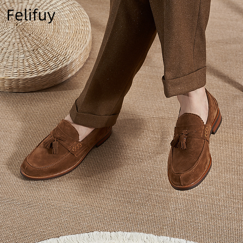 새로운 브라운 남성 플랫 로퍼 소가죽 스웨이드 태슬 캐 - Men'S Formal Party Wear Shoes 리뷰 및 가격