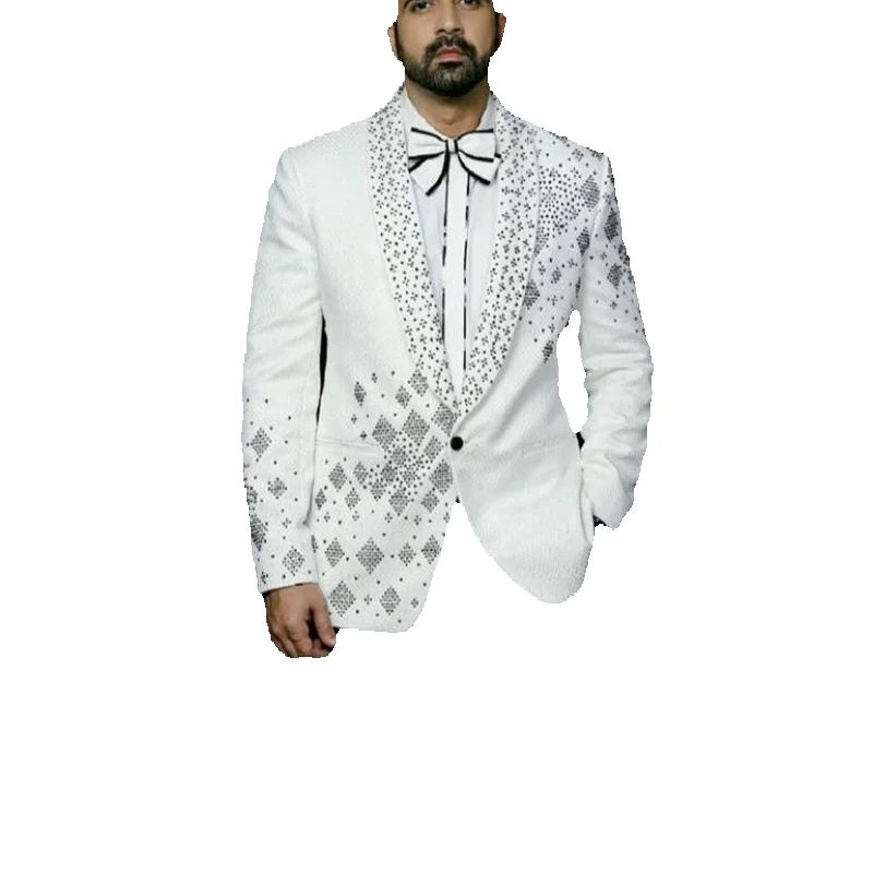 크리스탈 남성 정장 세트 2피스 신랑용 화이트 블레이저 - Men Formal Wear Black And White 리뷰 및 가격